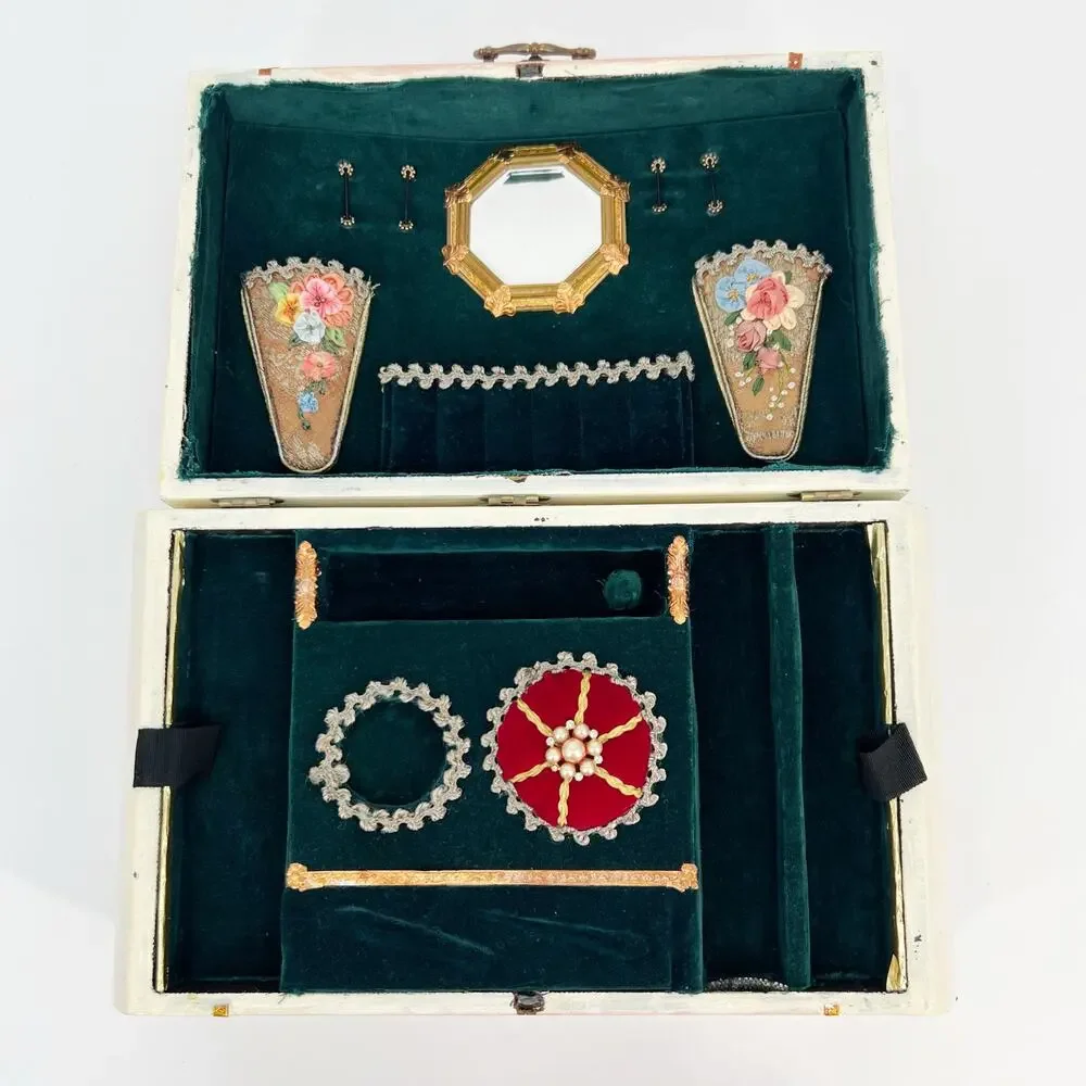 Custom Artisan Upcycled Trinket Sewing Box Decoupage Hand Painted Velvet Mirror